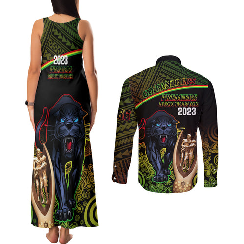 panthers-rugby-couples-matching-tank-maxi-dress-and-long-sleeve-button-shirts-go-premiers-back-to-back-polynesian-indigenous-art