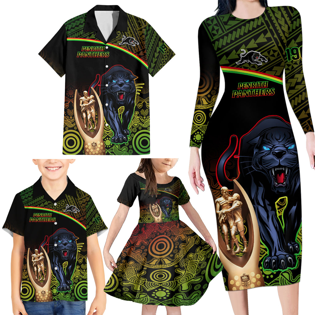 panthers-rugby-family-matching-long-sleeve-bodycon-dress-and-hawaiian-shirt-go-premiers-back-to-back-polynesian-indigenous-art