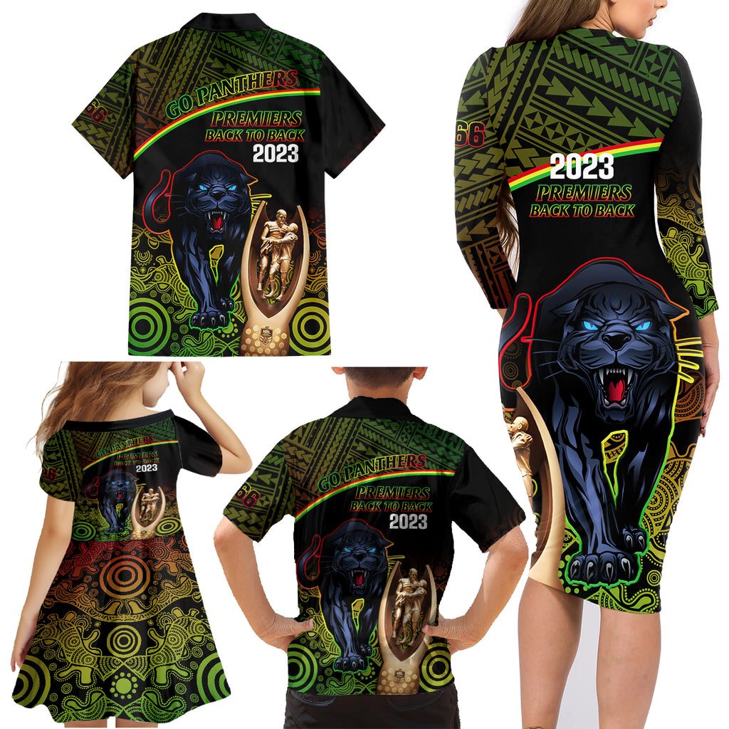 panthers-rugby-family-matching-long-sleeve-bodycon-dress-and-hawaiian-shirt-go-premiers-back-to-back-polynesian-indigenous-art