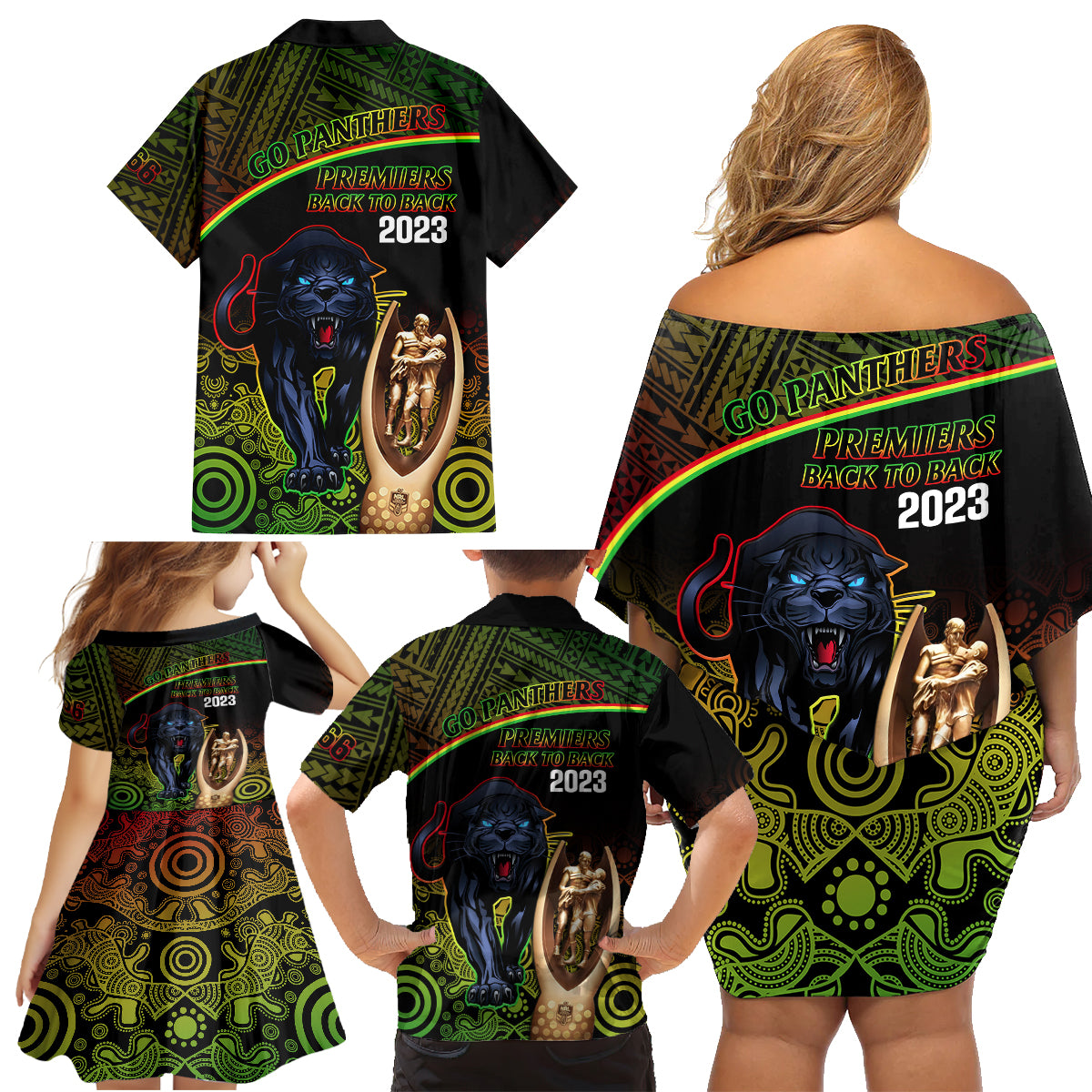 panthers-rugby-family-matching-off-shoulder-short-dress-and-hawaiian-shirt-go-premiers-back-to-back-polynesian-indigenous-art