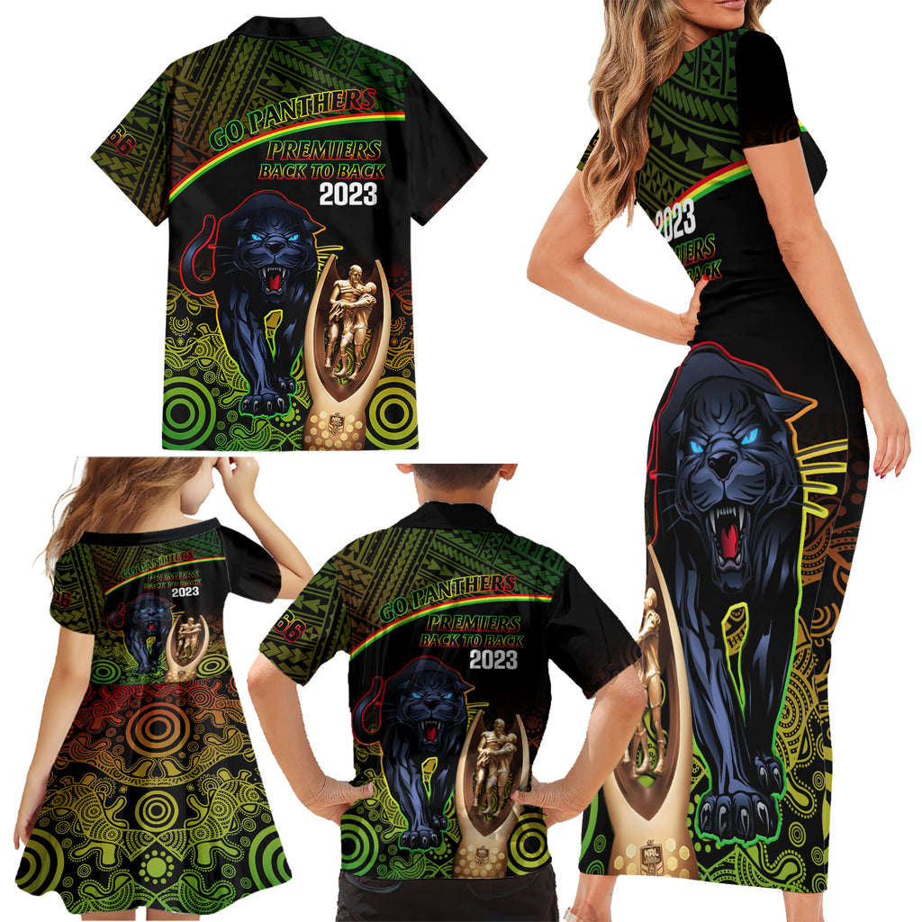 panthers-rugby-family-matching-short-sleeve-bodycon-dress-and-hawaiian-shirt-go-premiers-back-to-back-polynesian-indigenous-art