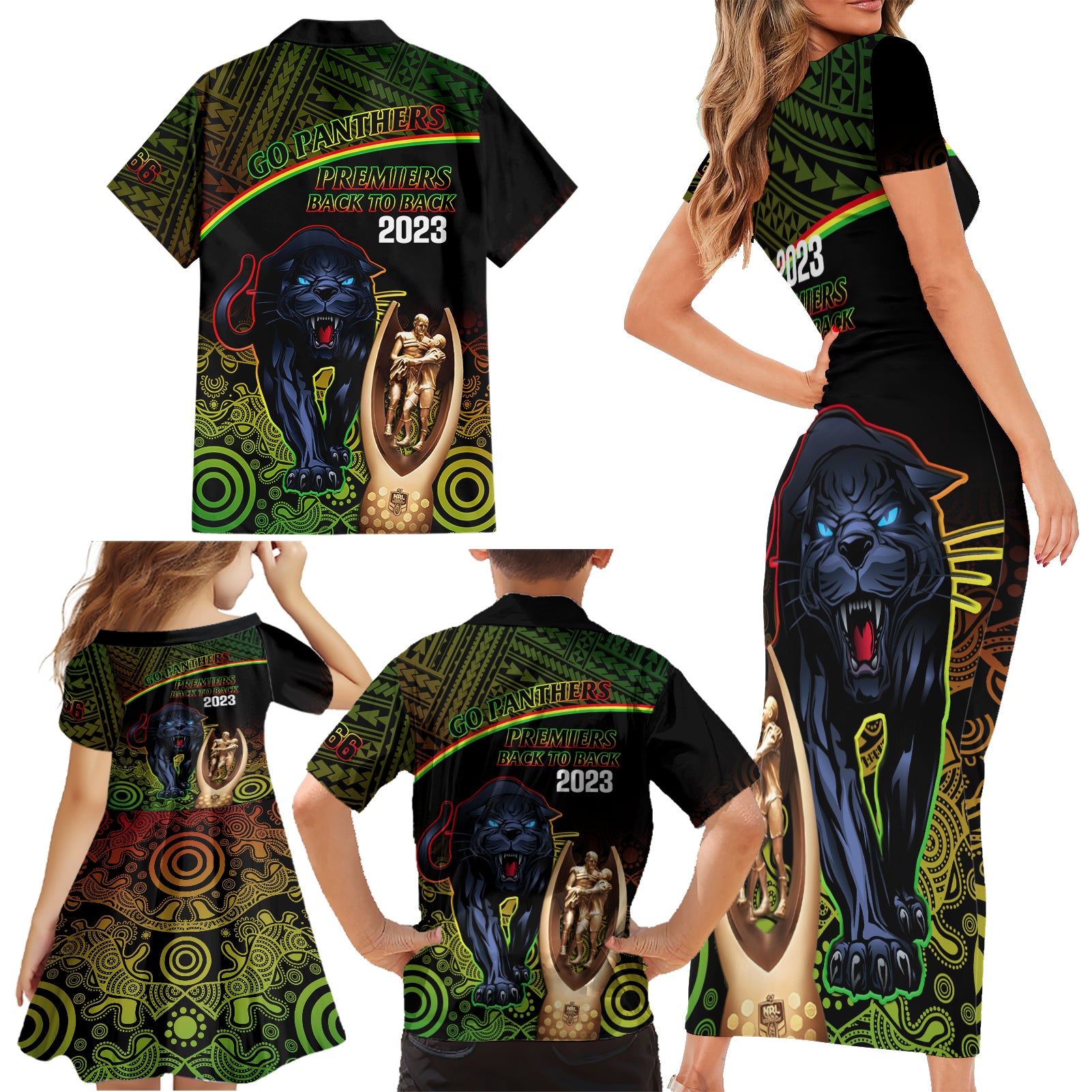 panthers-rugby-family-matching-short-sleeve-bodycon-dress-and-hawaiian-shirt-go-premiers-back-to-back-polynesian-indigenous-art