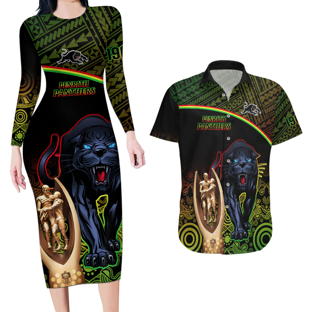 custom-panthers-rugby-couples-matching-long-sleeve-bodycon-dress-and-hawaiian-shirt-go-premiers-back-to-back-polynesian-indigenous-art