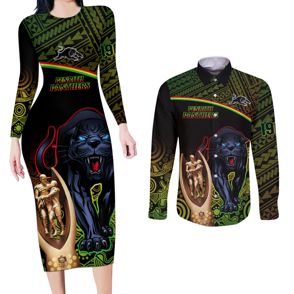 custom-panthers-rugby-couples-matching-long-sleeve-bodycon-dress-and-long-sleeve-button-shirts-go-premiers-back-to-back-polynesian-indigenous-art
