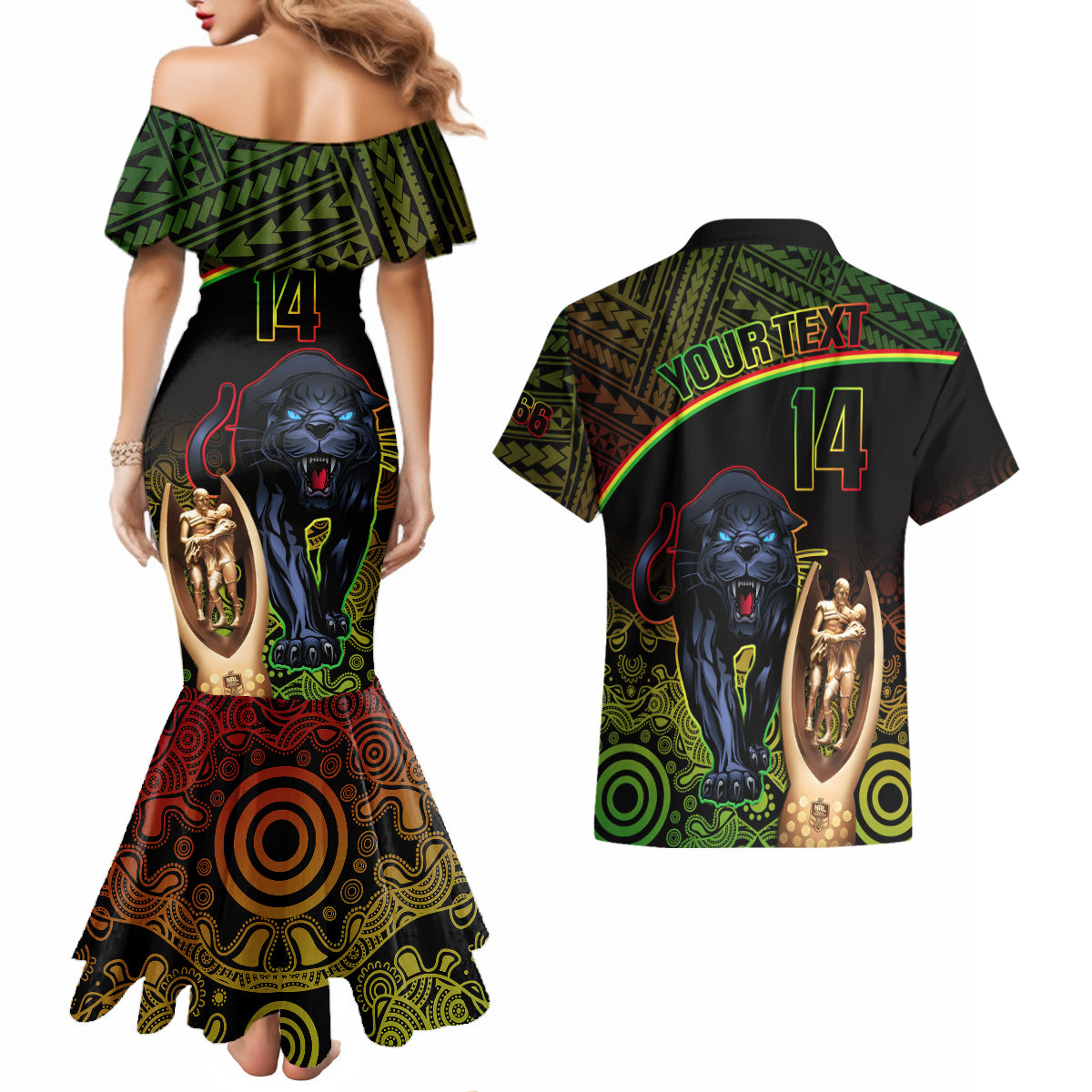 custom-panthers-rugby-couples-matching-mermaid-dress-and-hawaiian-shirt-go-premiers-back-to-back-polynesian-indigenous-art