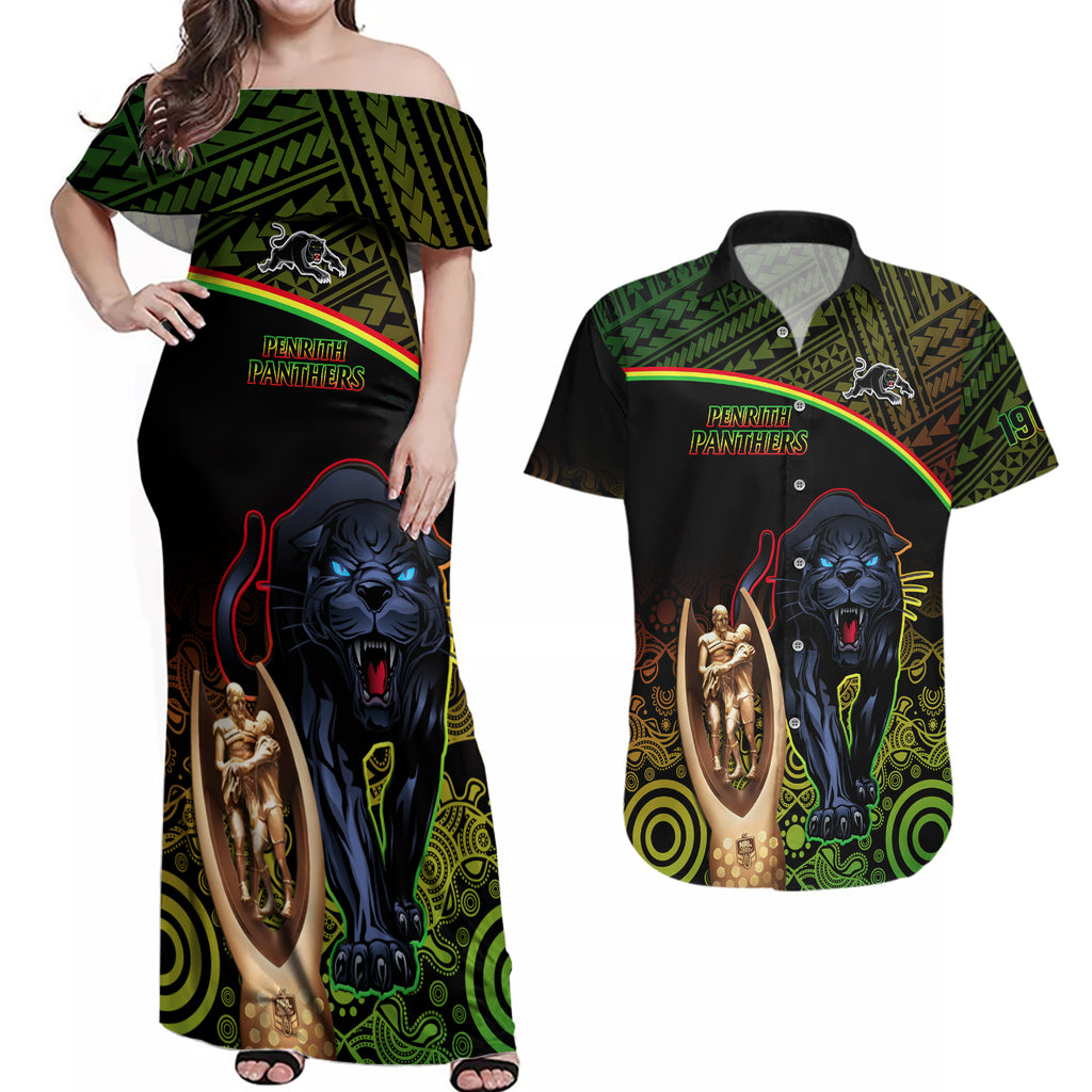 custom-panthers-rugby-couples-matching-off-shoulder-maxi-dress-and-hawaiian-shirt-go-premiers-back-to-back-polynesian-indigenous-art