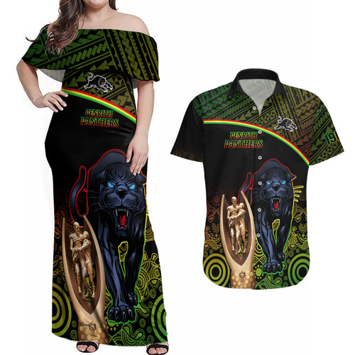 custom-panthers-rugby-couples-matching-off-shoulder-maxi-dress-and-hawaiian-shirt-go-premiers-back-to-back-polynesian-indigenous-art