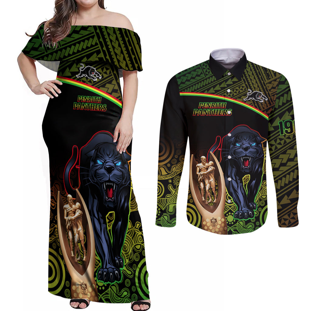custom-panthers-rugby-couples-matching-off-shoulder-maxi-dress-and-long-sleeve-button-shirts-go-premiers-back-to-back-polynesian-indigenous-art