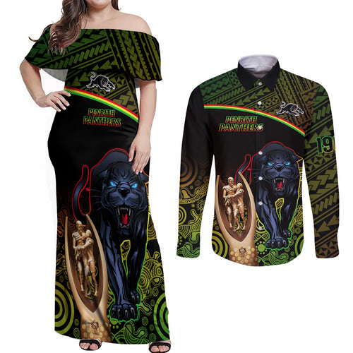 custom-panthers-rugby-couples-matching-off-shoulder-maxi-dress-and-long-sleeve-button-shirts-go-premiers-back-to-back-polynesian-indigenous-art