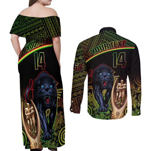 custom-panthers-rugby-couples-matching-off-shoulder-maxi-dress-and-long-sleeve-button-shirts-go-premiers-back-to-back-polynesian-indigenous-art
