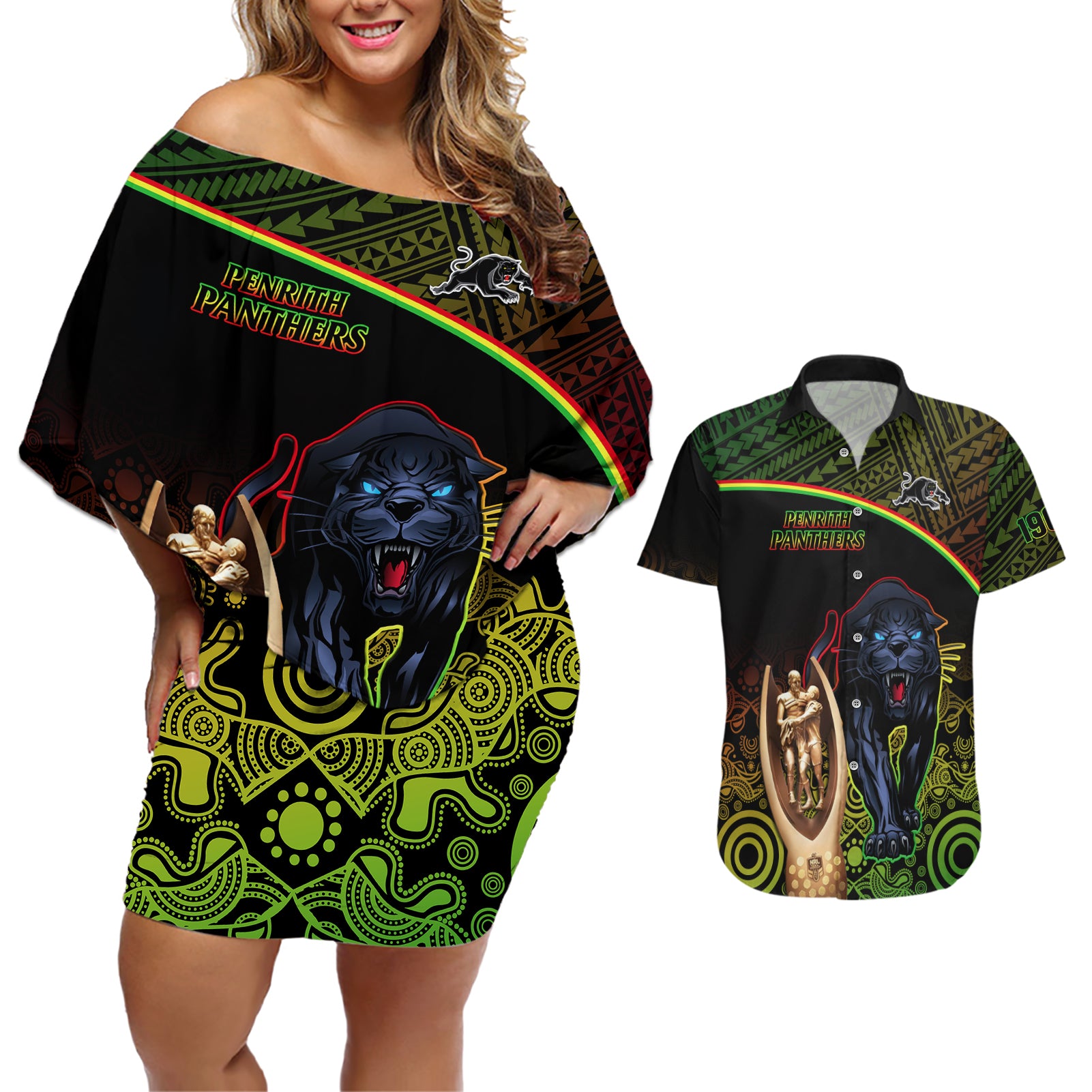 custom-panthers-rugby-couples-matching-off-shoulder-short-dress-and-hawaiian-shirt-go-premiers-back-to-back-polynesian-indigenous-art
