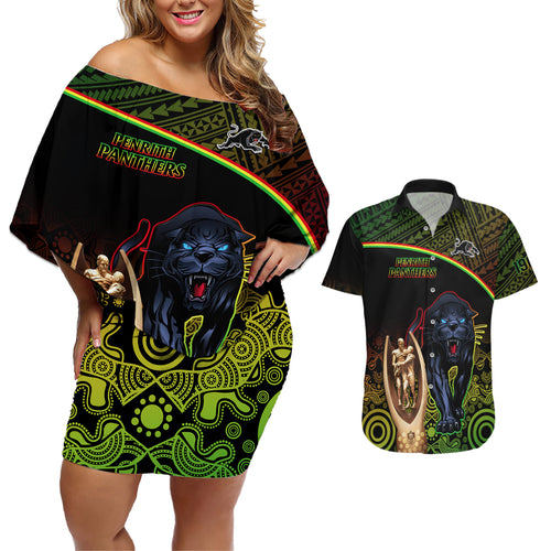 custom-panthers-rugby-couples-matching-off-shoulder-short-dress-and-hawaiian-shirt-go-premiers-back-to-back-polynesian-indigenous-art
