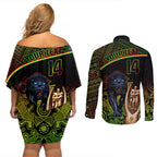 custom-panthers-rugby-couples-matching-off-shoulder-short-dress-and-long-sleeve-button-shirts-go-premiers-back-to-back-polynesian-indigenous-art