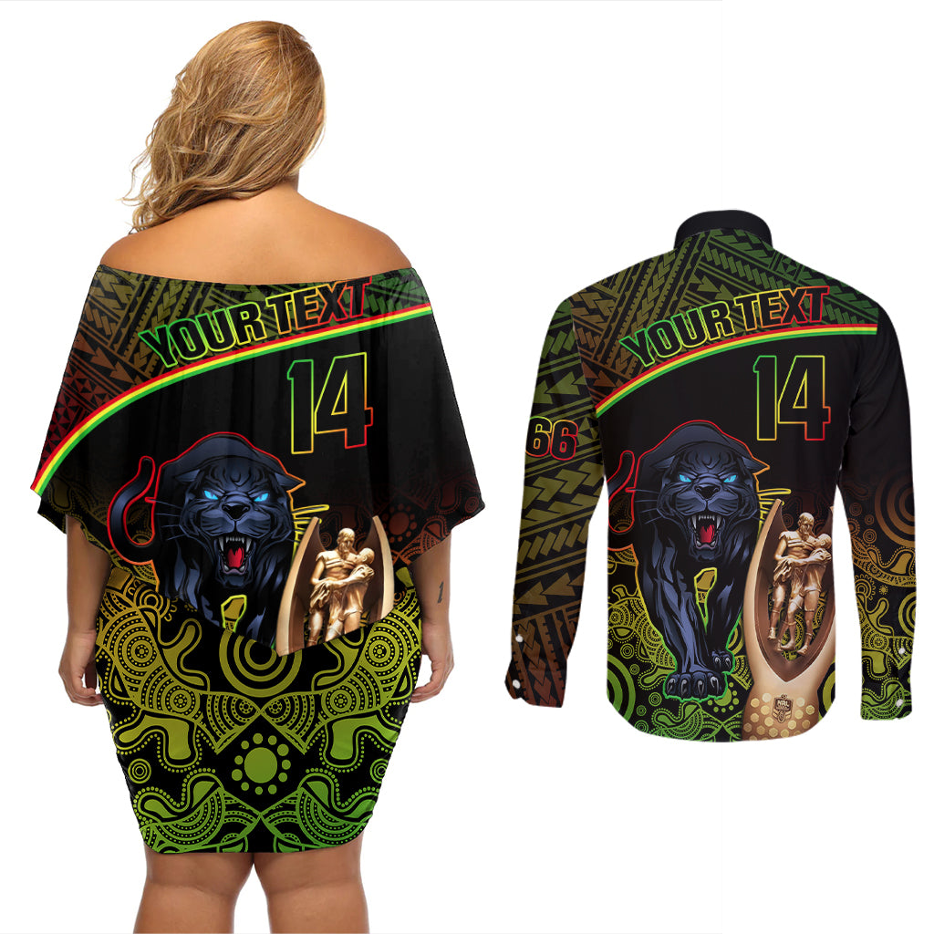 custom-panthers-rugby-couples-matching-off-shoulder-short-dress-and-long-sleeve-button-shirts-go-premiers-back-to-back-polynesian-indigenous-art