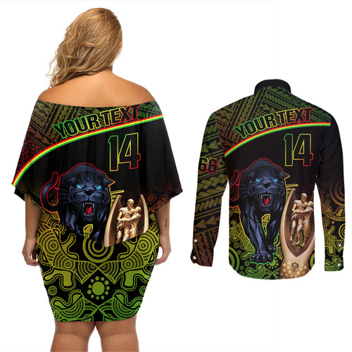 custom-panthers-rugby-couples-matching-off-shoulder-short-dress-and-long-sleeve-button-shirts-go-premiers-back-to-back-polynesian-indigenous-art