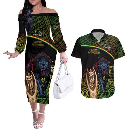 custom-panthers-rugby-couples-matching-off-the-shoulder-long-sleeve-dress-and-hawaiian-shirt-go-premiers-back-to-back-polynesian-indigenous-art