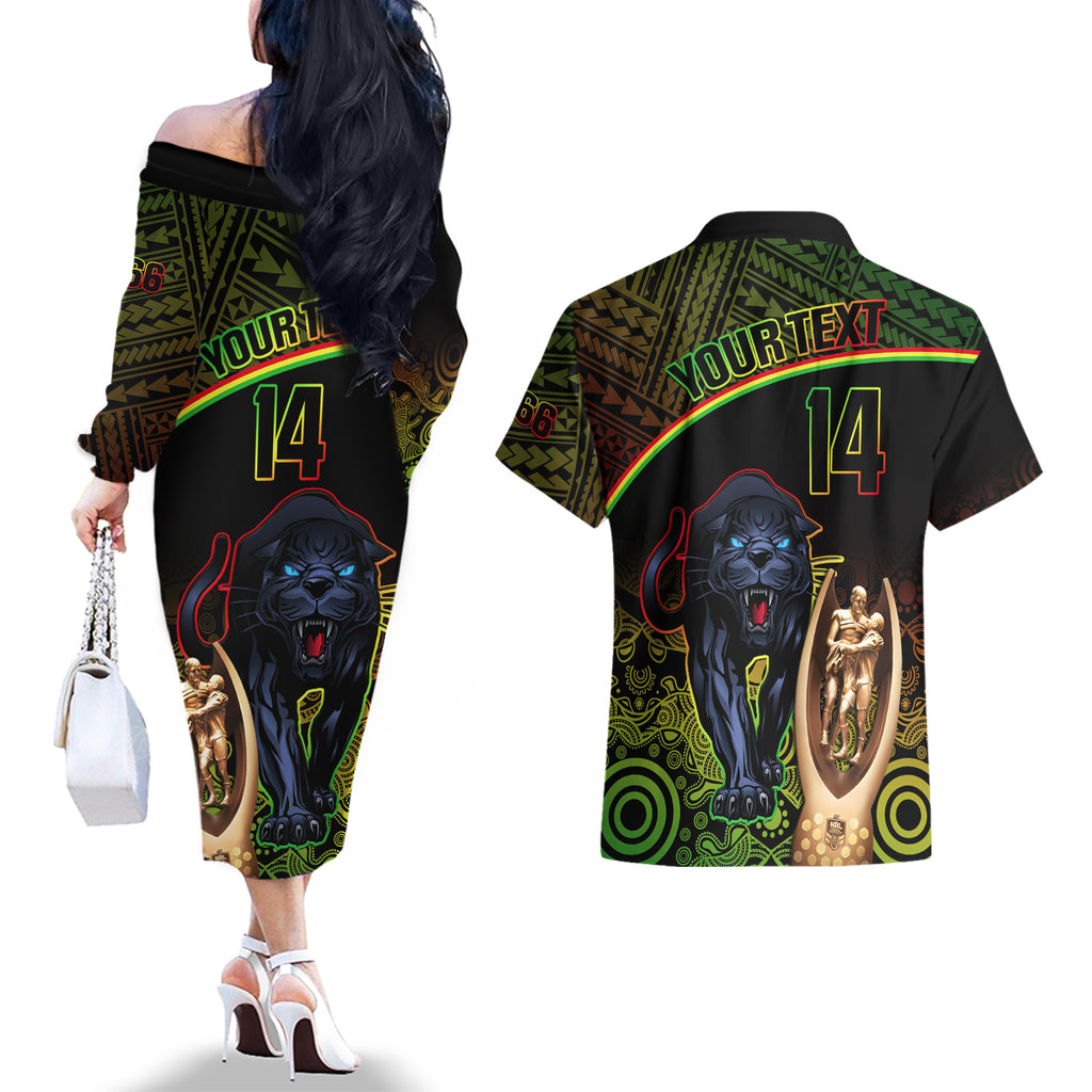 custom-panthers-rugby-couples-matching-off-the-shoulder-long-sleeve-dress-and-hawaiian-shirt-go-premiers-back-to-back-polynesian-indigenous-art