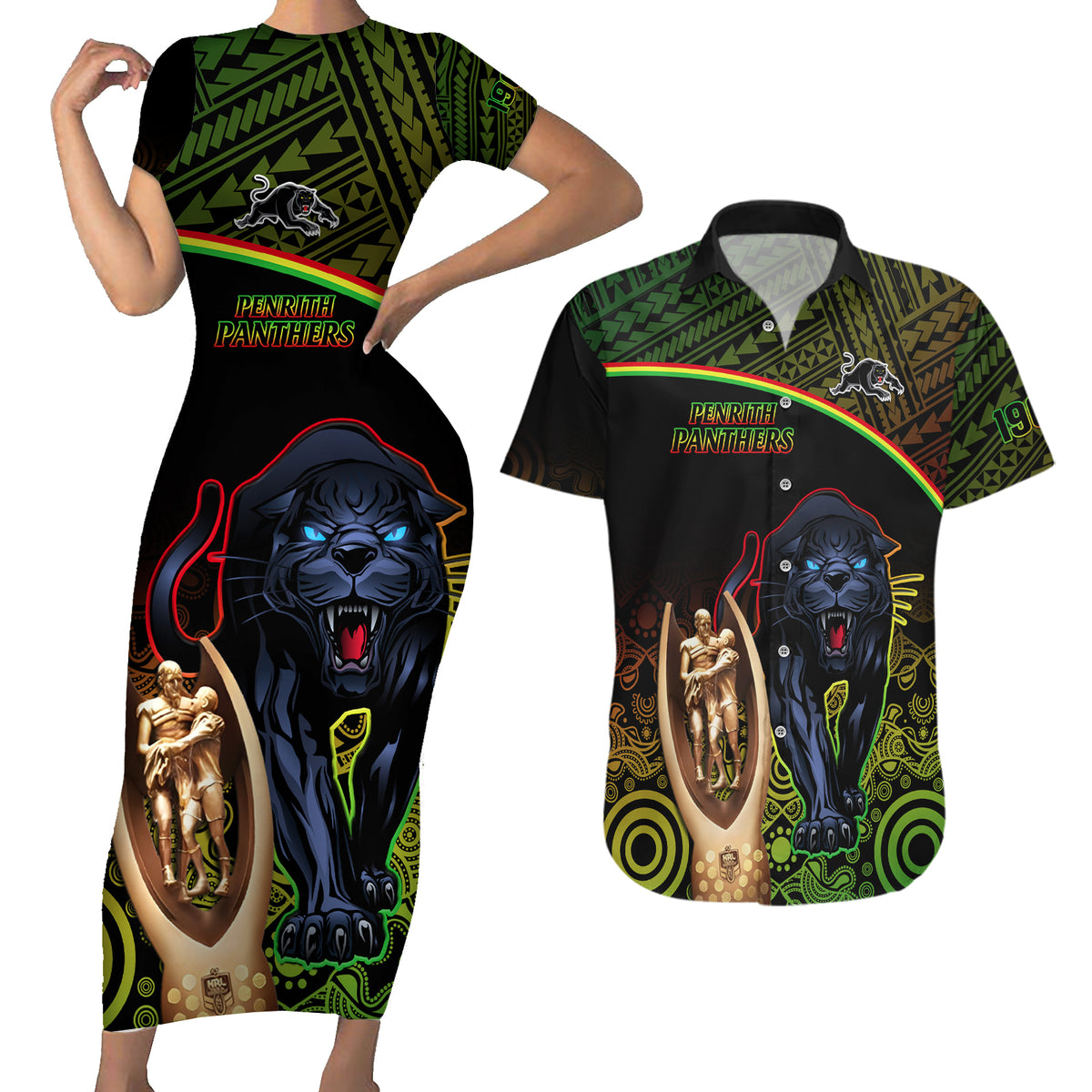 custom-panthers-rugby-couples-matching-short-sleeve-bodycon-dress-and-hawaiian-shirt-go-premiers-back-to-back-polynesian-indigenous-art