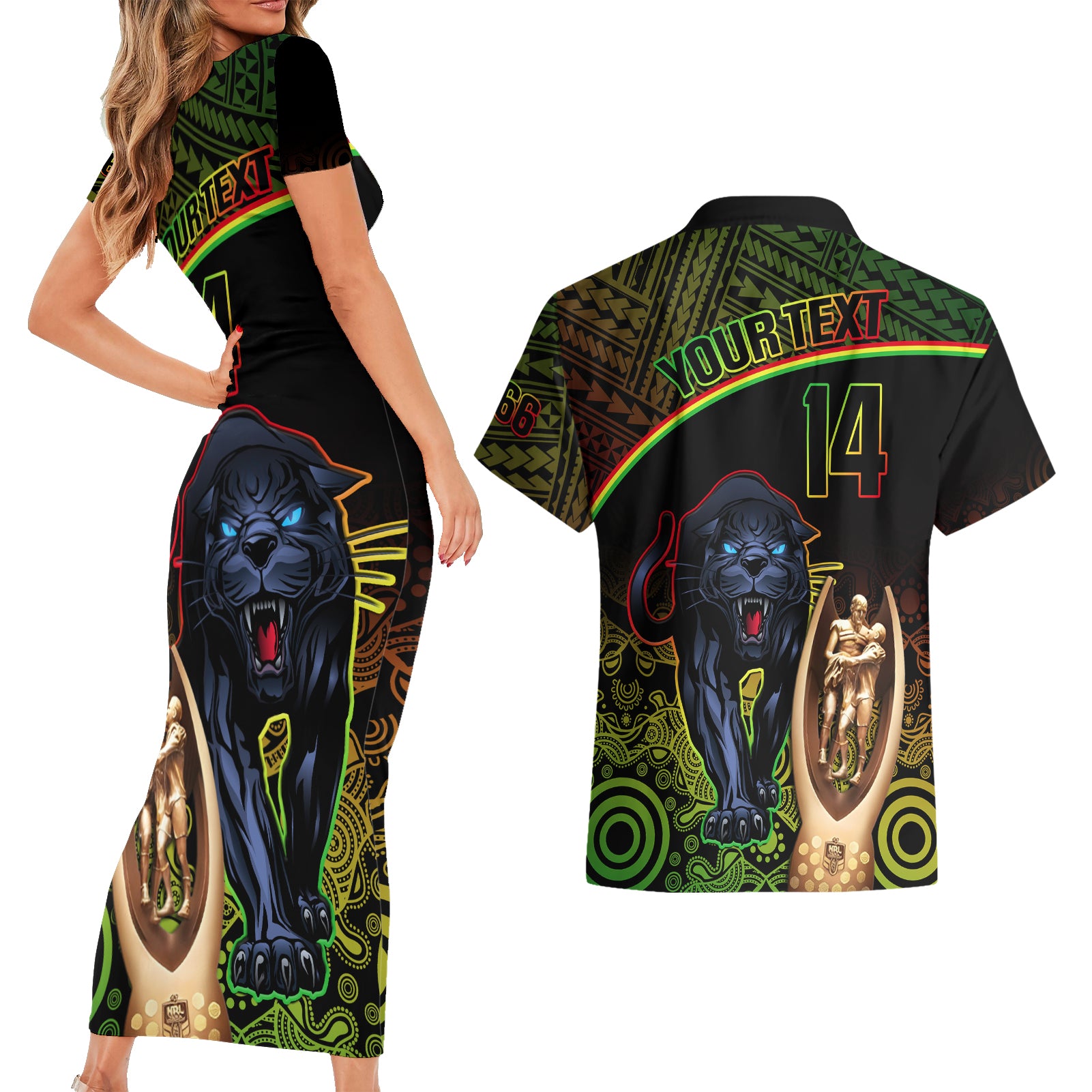 custom-panthers-rugby-couples-matching-short-sleeve-bodycon-dress-and-hawaiian-shirt-go-premiers-back-to-back-polynesian-indigenous-art