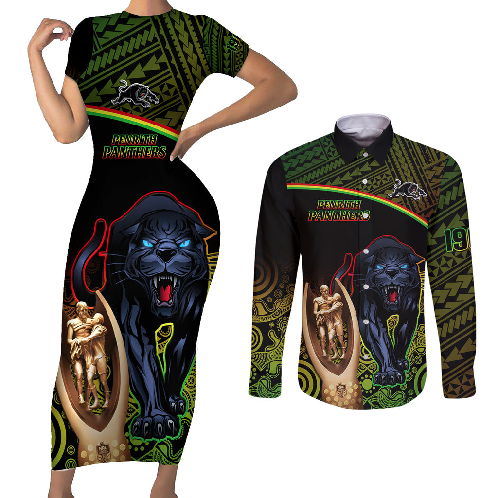custom-panthers-rugby-couples-matching-short-sleeve-bodycon-dress-and-long-sleeve-button-shirts-go-premiers-back-to-back-polynesian-indigenous-art