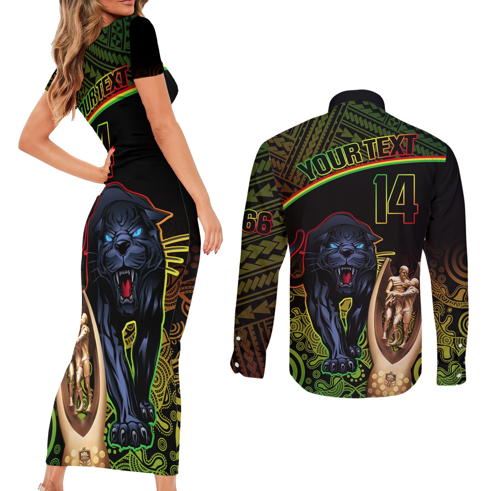 custom-panthers-rugby-couples-matching-short-sleeve-bodycon-dress-and-long-sleeve-button-shirts-go-premiers-back-to-back-polynesian-indigenous-art