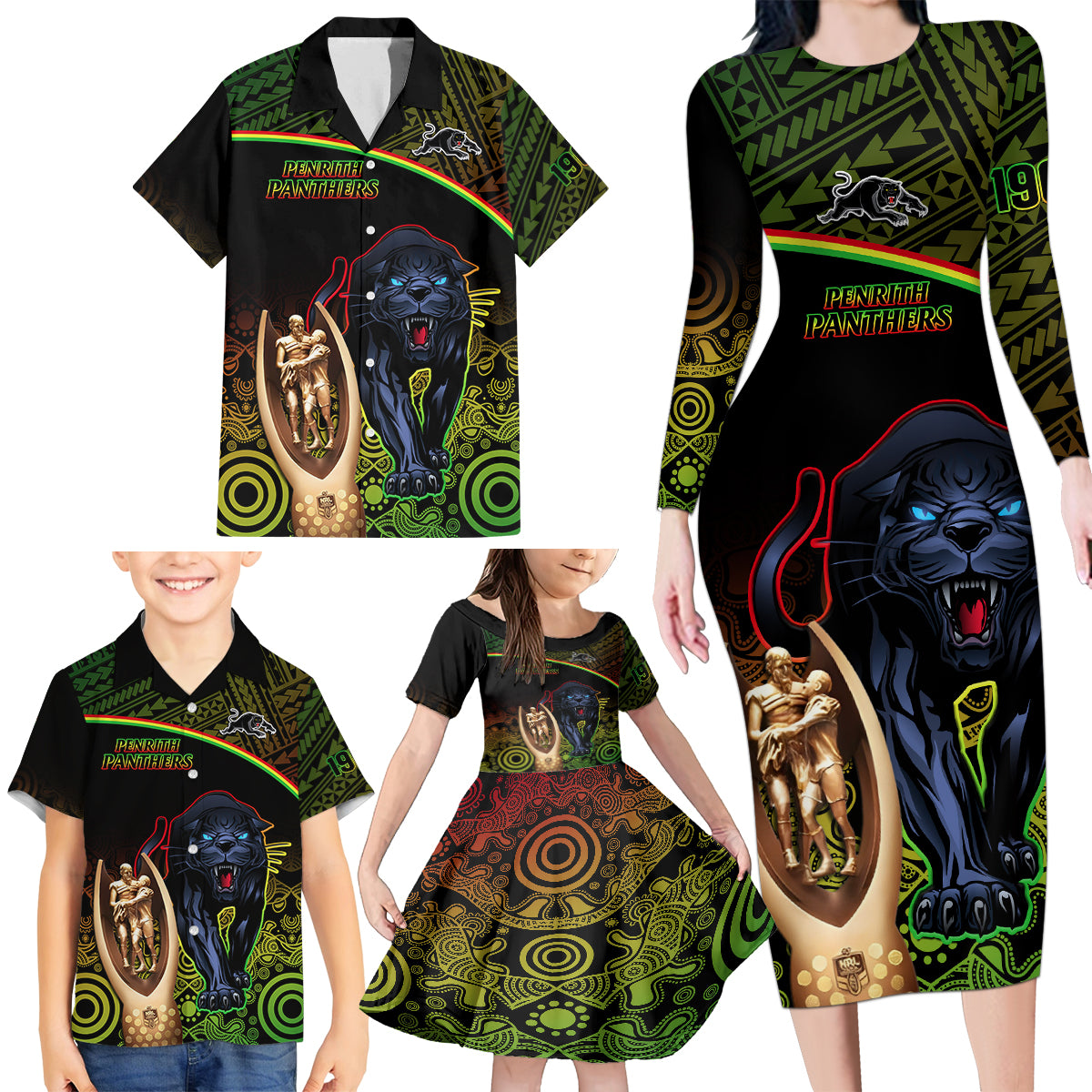 custom-panthers-rugby-family-matching-long-sleeve-bodycon-dress-and-hawaiian-shirt-go-premiers-back-to-back-polynesian-indigenous-art
