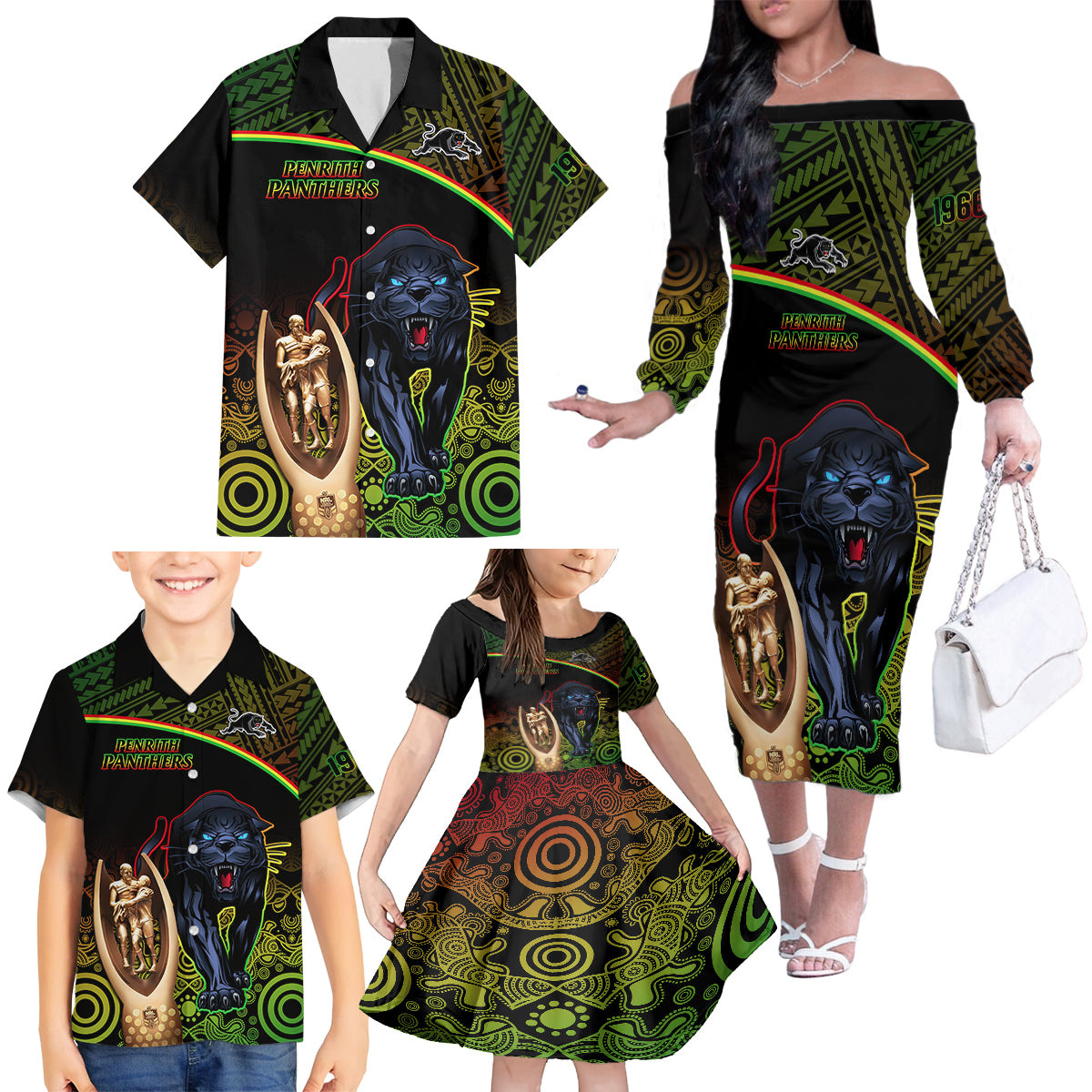 custom-panthers-rugby-family-matching-off-shoulder-long-sleeve-dress-and-hawaiian-shirt-go-premiers-back-to-back-polynesian-indigenous-art