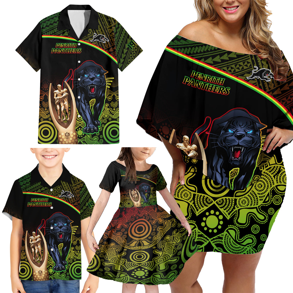 custom-panthers-rugby-family-matching-off-shoulder-short-dress-and-hawaiian-shirt-go-premiers-back-to-back-polynesian-indigenous-art