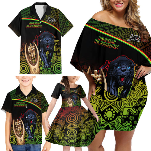 custom-panthers-rugby-family-matching-off-shoulder-short-dress-and-hawaiian-shirt-go-premiers-back-to-back-polynesian-indigenous-art
