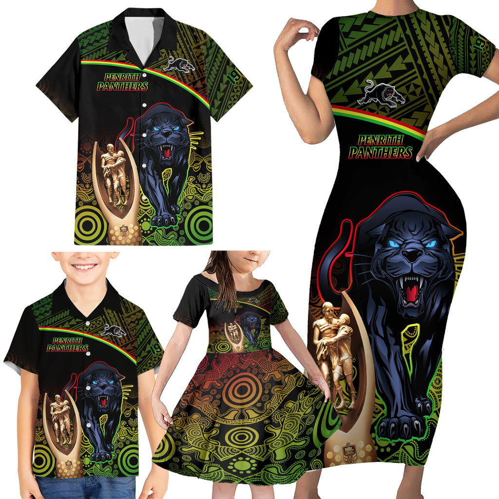custom-panthers-rugby-family-matching-short-sleeve-bodycon-dress-and-hawaiian-shirt-go-premiers-back-to-back-polynesian-indigenous-art