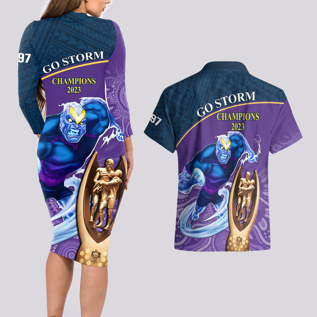 storm-rugby-couples-matching-long-sleeve-bodycon-dress-and-hawaiian-shirt-go-champions-2023-mascot-with-polynesian-indigenous-art
