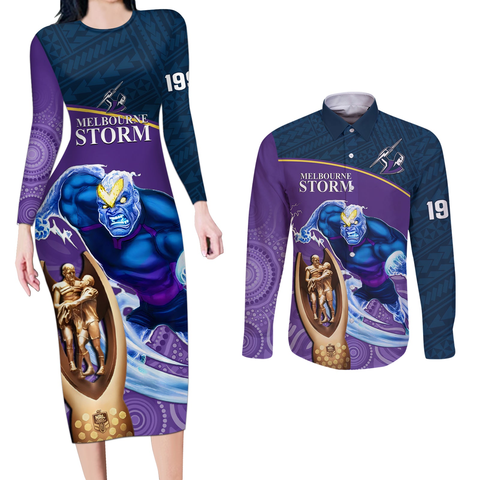 storm-rugby-couples-matching-long-sleeve-bodycon-dress-and-long-sleeve-button-shirts-go-champions-2023-mascot-with-polynesian-indigenous-art