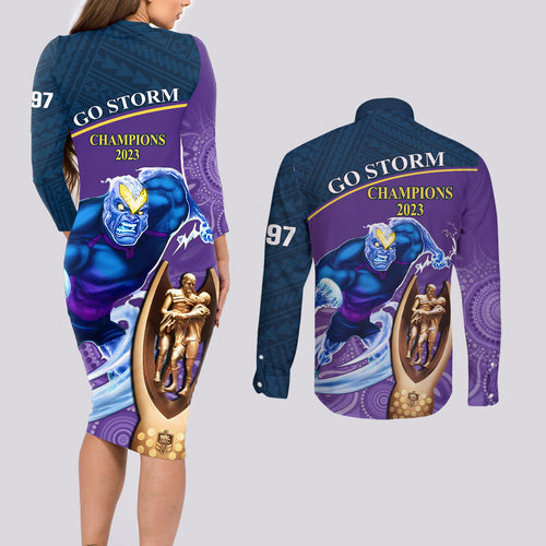 storm-rugby-couples-matching-long-sleeve-bodycon-dress-and-long-sleeve-button-shirts-go-champions-2023-mascot-with-polynesian-indigenous-art