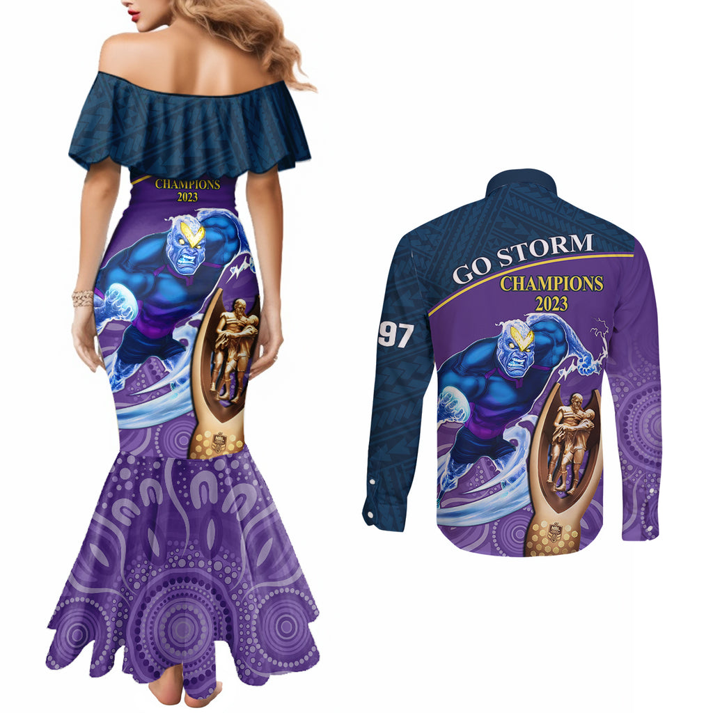 storm-rugby-couples-matching-mermaid-dress-and-long-sleeve-button-shirts-go-champions-2023-mascot-with-polynesian-indigenous-art