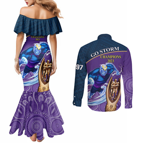 storm-rugby-couples-matching-mermaid-dress-and-long-sleeve-button-shirts-go-champions-2023-mascot-with-polynesian-indigenous-art