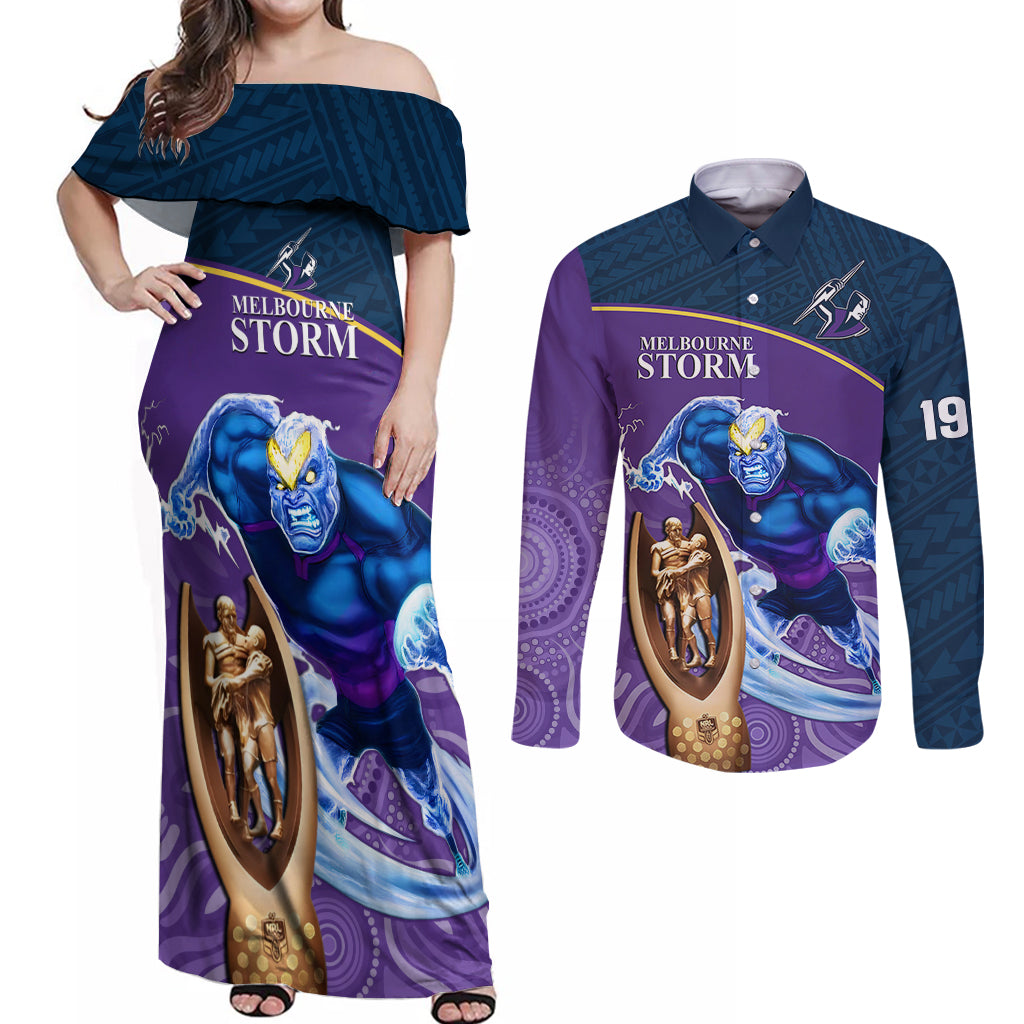 storm-rugby-couples-matching-off-shoulder-maxi-dress-and-long-sleeve-button-shirts-go-champions-2023-mascot-with-polynesian-indigenous-art