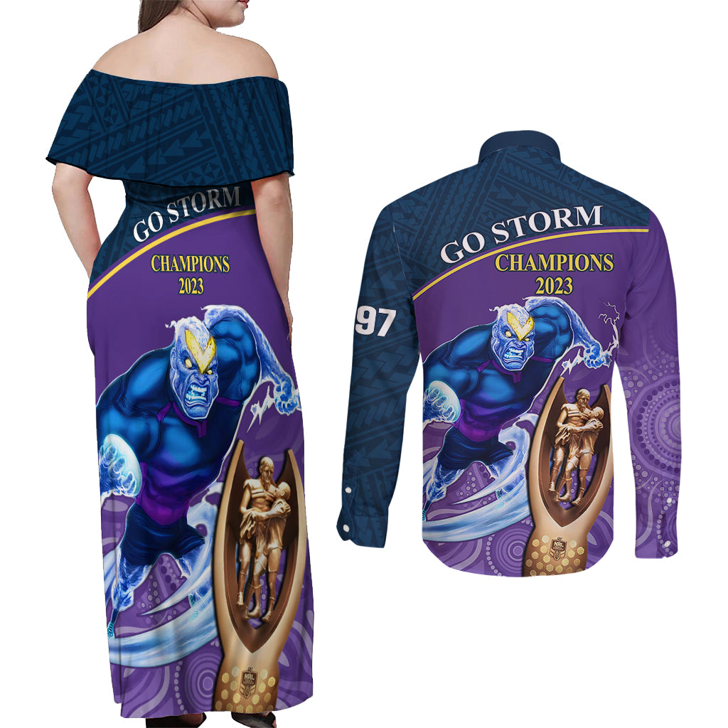 storm-rugby-couples-matching-off-shoulder-maxi-dress-and-long-sleeve-button-shirts-go-champions-2023-mascot-with-polynesian-indigenous-art