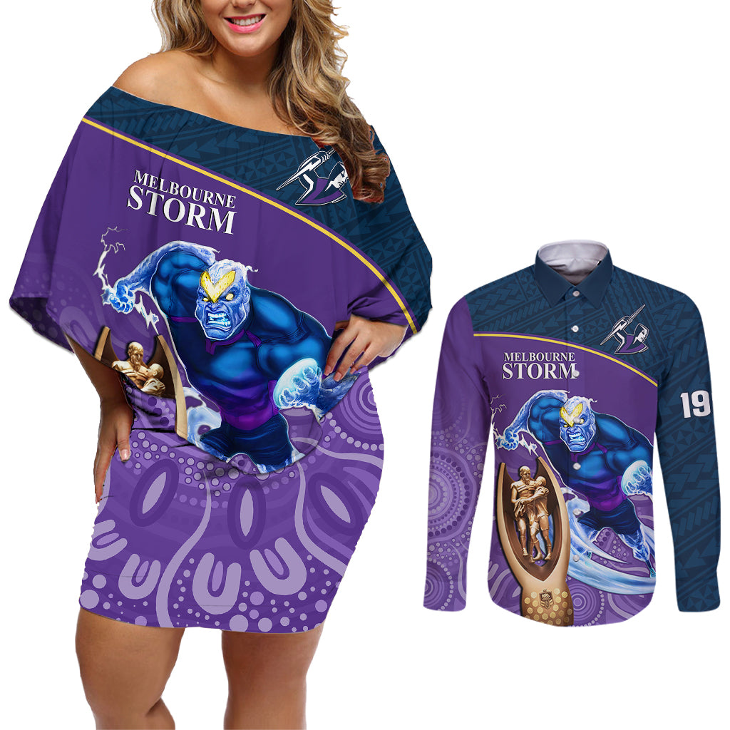 storm-rugby-couples-matching-off-shoulder-short-dress-and-long-sleeve-button-shirts-go-champions-2023-mascot-with-polynesian-indigenous-art