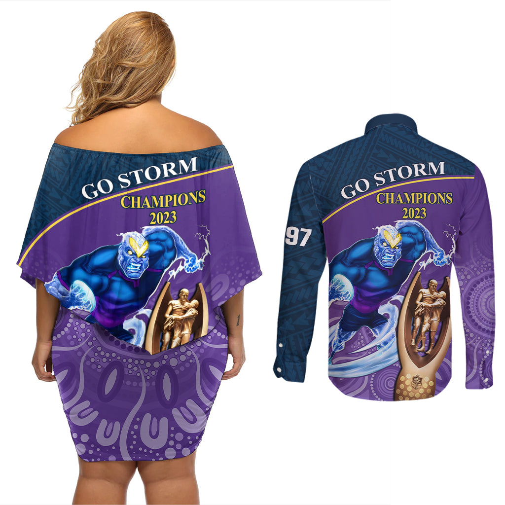 storm-rugby-couples-matching-off-shoulder-short-dress-and-long-sleeve-button-shirts-go-champions-2023-mascot-with-polynesian-indigenous-art