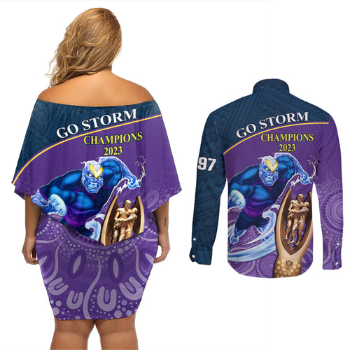 storm-rugby-couples-matching-off-shoulder-short-dress-and-long-sleeve-button-shirts-go-champions-2023-mascot-with-polynesian-indigenous-art