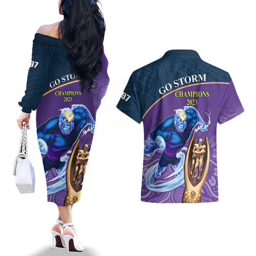 storm-rugby-couples-matching-off-the-shoulder-long-sleeve-dress-and-hawaiian-shirt-go-champions-2023-mascot-with-polynesian-indigenous-art
