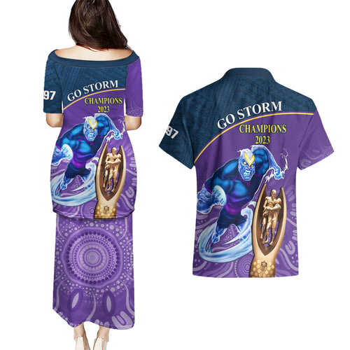storm-rugby-couples-matching-puletasi-dress-and-hawaiian-shirt-go-champions-2023-mascot-with-polynesian-indigenous-art