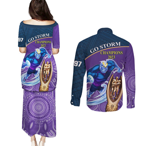 storm-rugby-couples-matching-puletasi-dress-and-long-sleeve-button-shirts-go-champions-2023-mascot-with-polynesian-indigenous-art