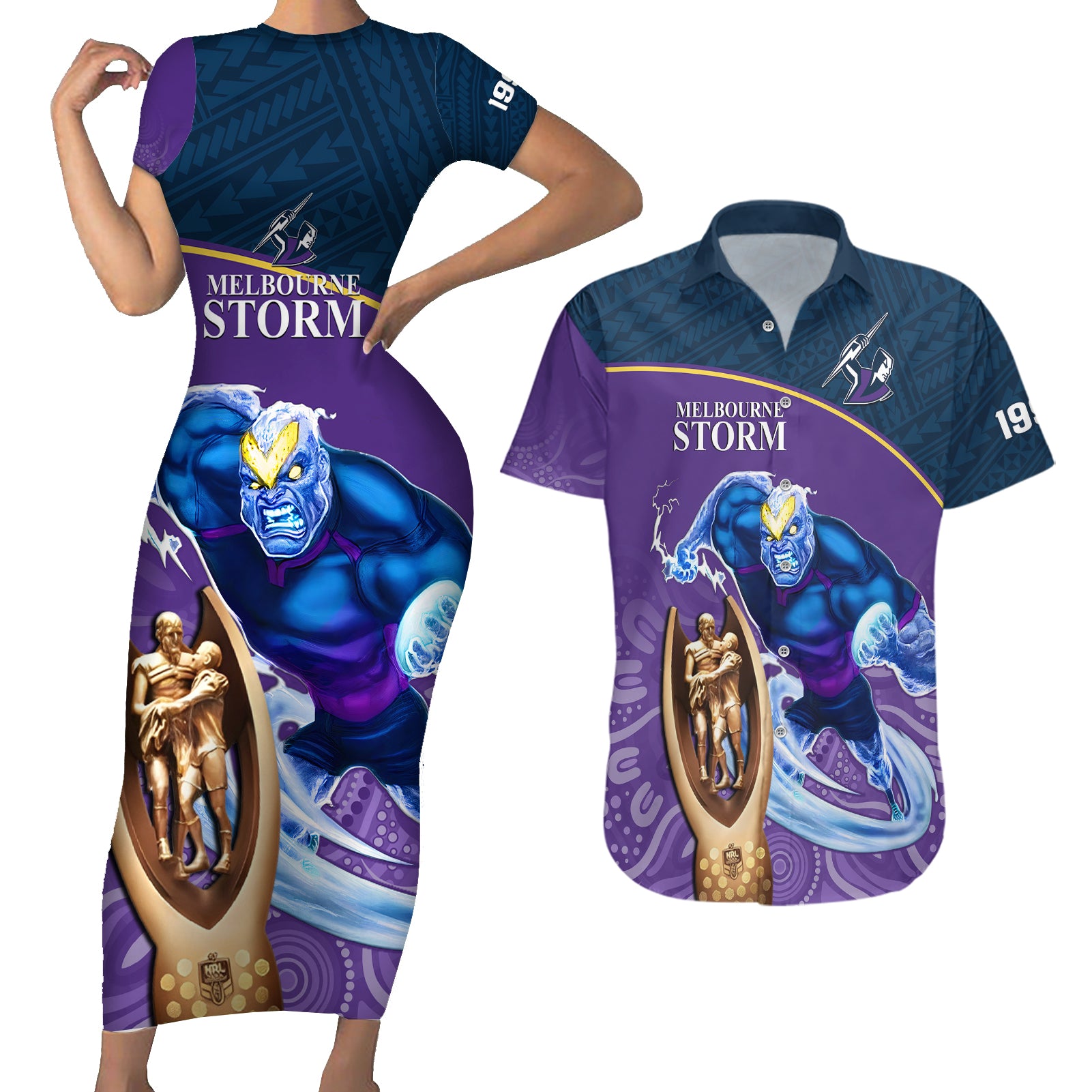 storm-rugby-couples-matching-short-sleeve-bodycon-dress-and-hawaiian-shirt-go-champions-2023-mascot-with-polynesian-indigenous-art