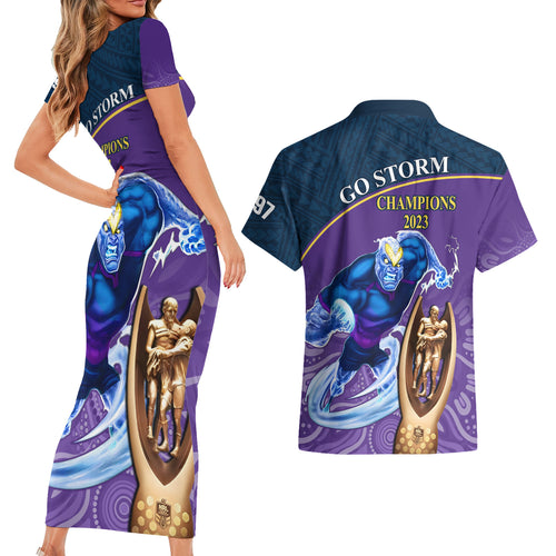 storm-rugby-couples-matching-short-sleeve-bodycon-dress-and-hawaiian-shirt-go-champions-2023-mascot-with-polynesian-indigenous-art