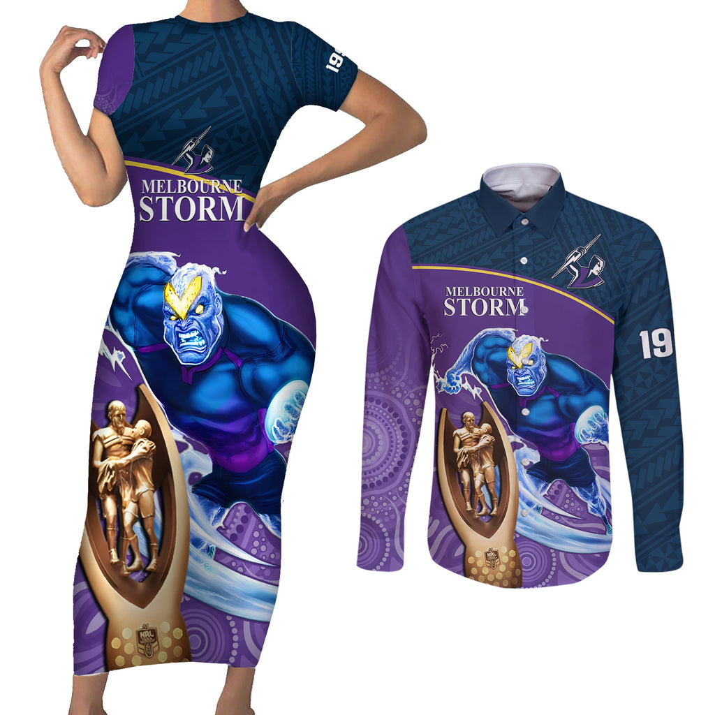storm-rugby-couples-matching-short-sleeve-bodycon-dress-and-long-sleeve-button-shirts-go-champions-2023-mascot-with-polynesian-indigenous-art