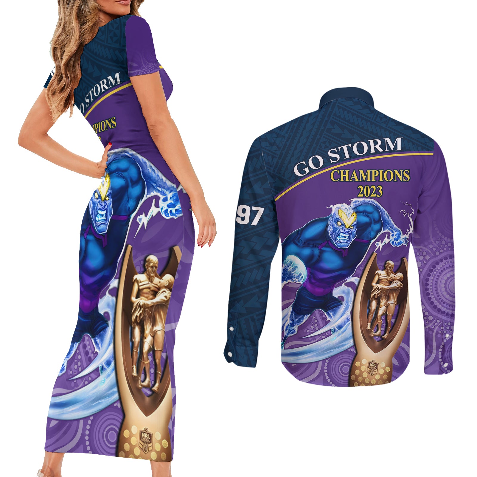 storm-rugby-couples-matching-short-sleeve-bodycon-dress-and-long-sleeve-button-shirts-go-champions-2023-mascot-with-polynesian-indigenous-art