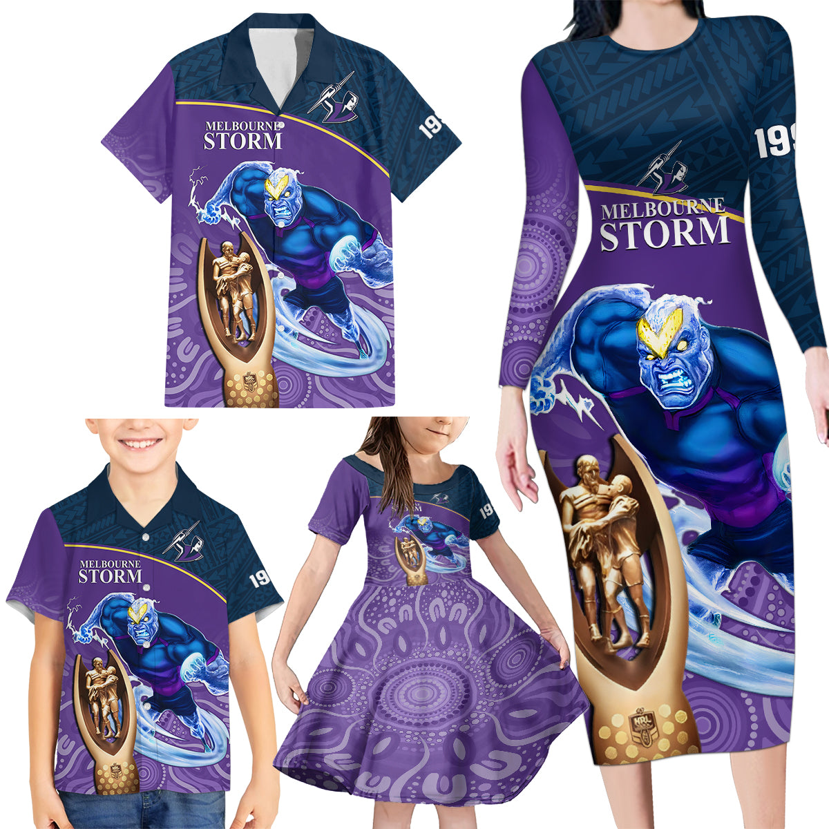 storm-rugby-family-matching-long-sleeve-bodycon-dress-and-hawaiian-shirt-go-champions-2023-mascot-with-polynesian-indigenous-art