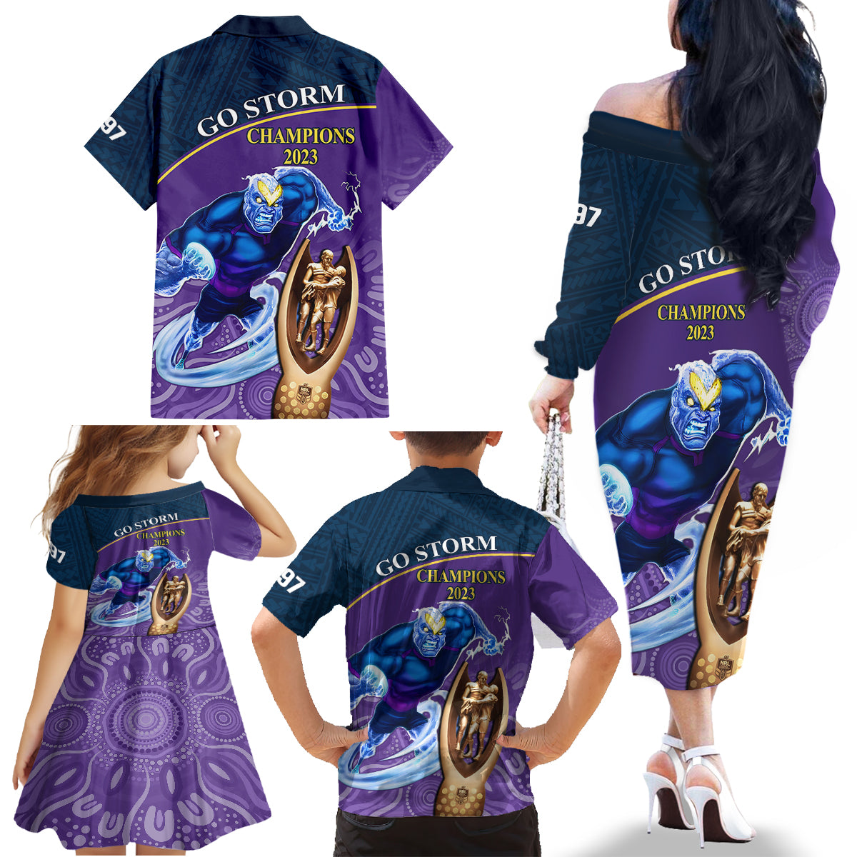 storm-rugby-family-matching-off-shoulder-long-sleeve-dress-and-hawaiian-shirt-go-champions-2023-mascot-with-polynesian-indigenous-art