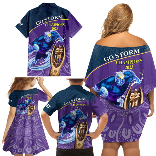 storm-rugby-family-matching-off-shoulder-short-dress-and-hawaiian-shirt-go-champions-2023-mascot-with-polynesian-indigenous-art
